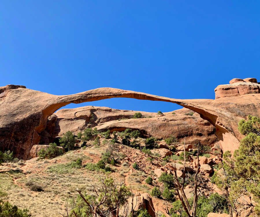 A close of Landscape Arch after hiking to the arch from the trailhead. 